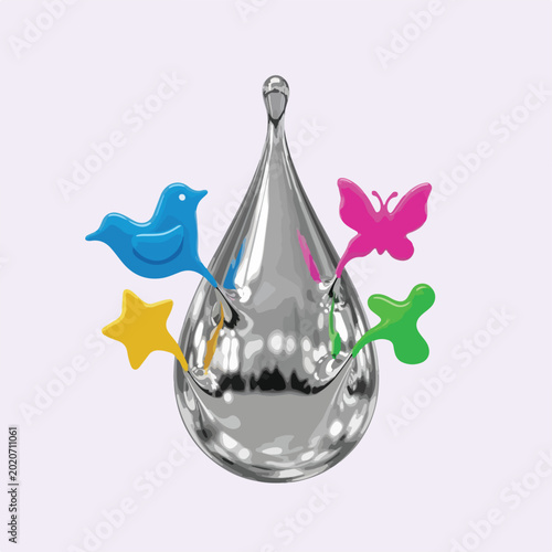 Silver water droplet with colorful bird butterfly and star shapes