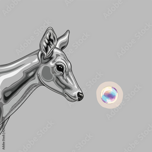 Metallic deer head looking at a rainbow circle on gray background