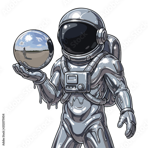 Astronaut in silver spacesuit holding reflective earth globe
