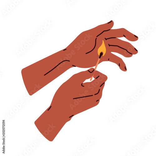 Lit ignited match stick with fir flame burning. Hand holding wooden matchstic...