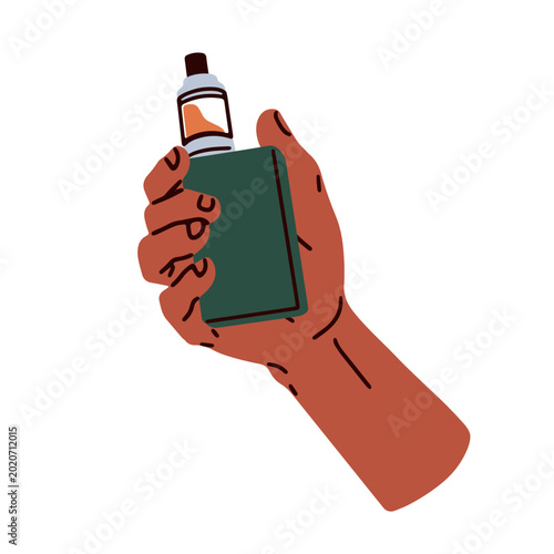 Vape mod box in hand. Smoker fingers holding e-cig, cigarette. Male smoking w...