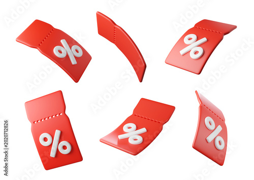 Photography 3D Flying red discount tags with percent signs, isolated on background