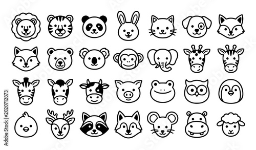 Foto Monochrome flat animal face icon set with cute cartoon wildlife and pet avatars