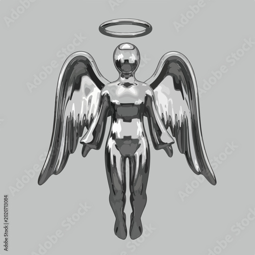 Shiny metallic humanoid angel figure with halo and wings