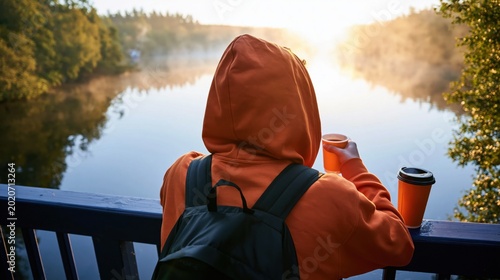 Young Traveler with Backpack Drinking Coffee at Sunrise Overlooking Misty Lake, Peaceful Morning Adventure and Outdoor Lifestyle Concept