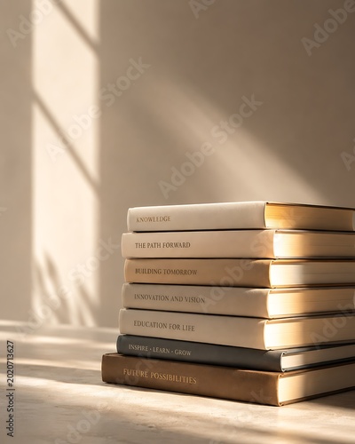 A stack of hardcover books bathed in soft, warm sunlight, casting gentle shadows on a textured surface.