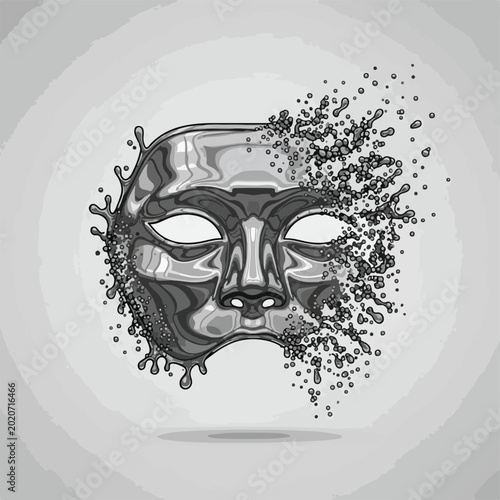 Grey liquid metal face splashing droplets creative design element