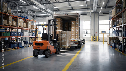 Forklift operator loading and unloading goods from a truck inside a brightly lit modern warehouse with stacked inventory on shelves 