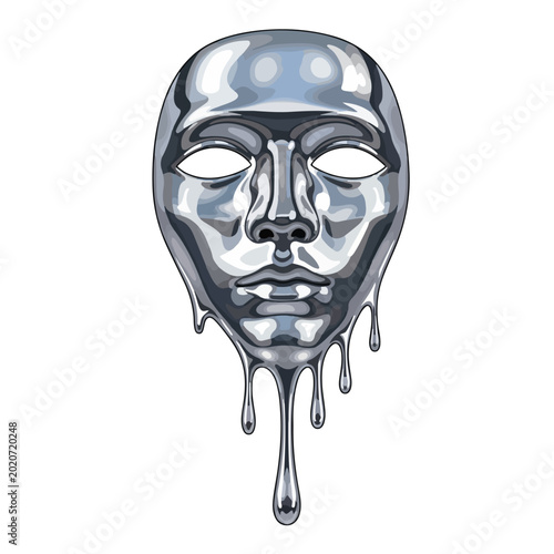 Shiny metallic face mask with melting effect on white background