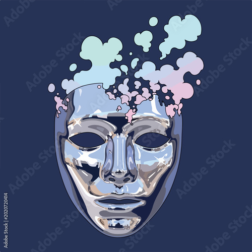 Shiny silver mask with colorful smoke bubbles on dark blue background