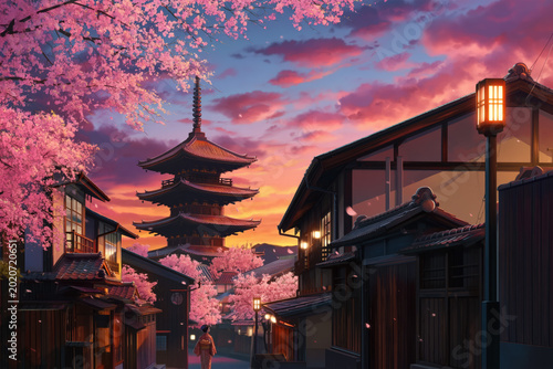 Kyoto's traditional street with a kimono-clad lady walking past an ancient pagoda at sunset, cherry blossoms in full bloom, and a colorful sky