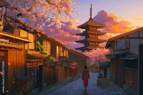 Kyoto's traditional street with a kimono-clad lady walking past an ancient pagoda at sunset, cherry blossoms in full bloom, and a colorful sky