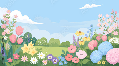 A colorful and modern flat design illustration of garden flowers, perfect for nature-themed branding and decorative web backgrounds.