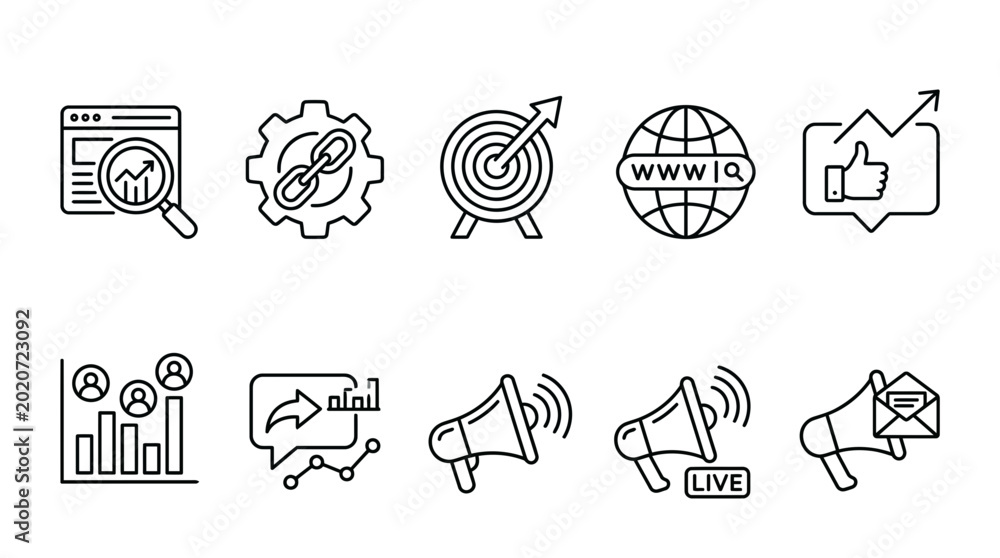 Fototapeta premium Ten blackline icons arranged in two rows of five depicting various digital marketing and analytical concepts