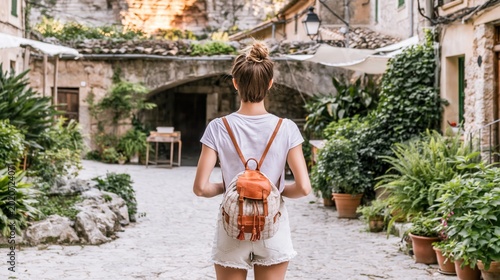 Female Solo Traveler with Backpack Exploring Picturesque Historic Mediterranean Village Street During Summer Vacation