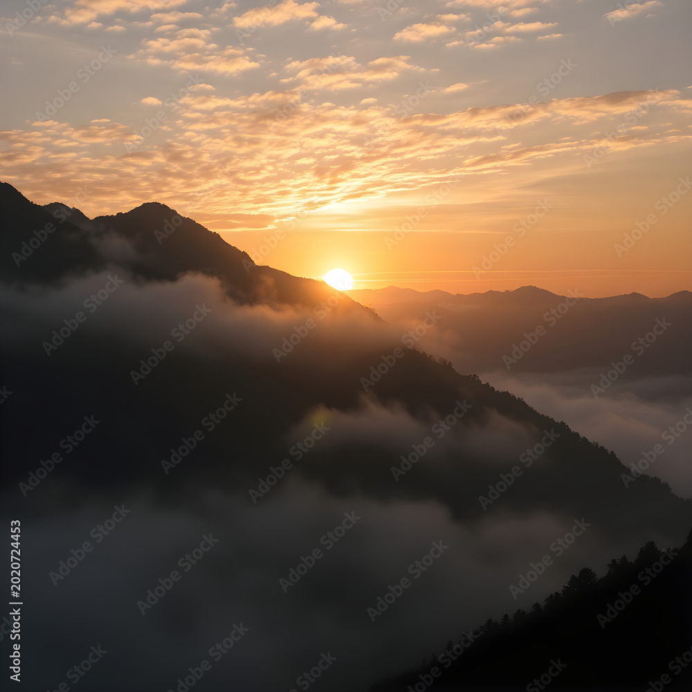 Obraz premium Sunset, mountain landscape, foggy valley, orange sky, sunrise