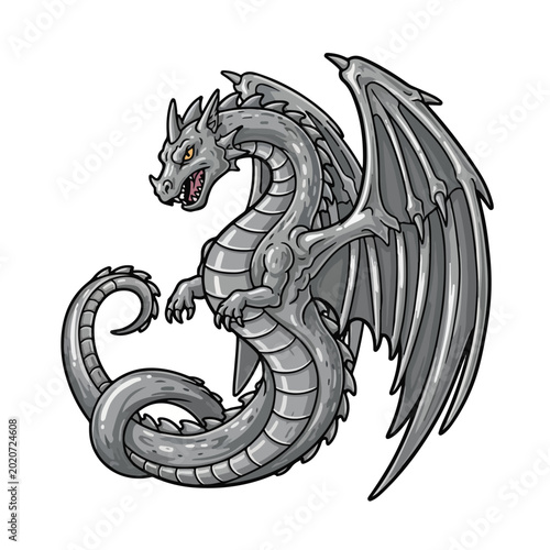Gray dragon with open mouth and wings spread wide on white background