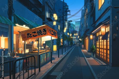Takoyaki stall in japan , illustration 