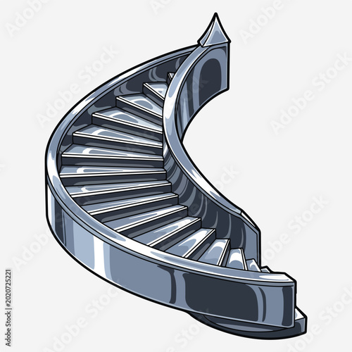 Curved staircase with shiny metal railings and steps