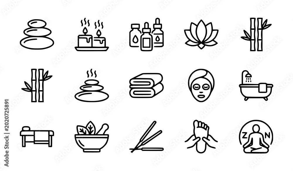 Αυτοκόλλητο Comprehensive Spa and Wellness Line Icon Set Featuring Zen Stones, Massage Thera