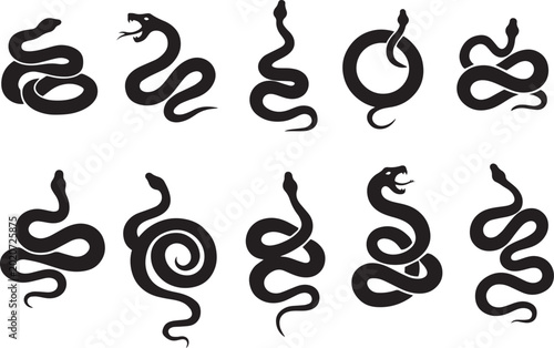 Black snake silhouette collection, set of 10 serpent vector icons, minimalist reptile graphic elements for logo design and tattoo art