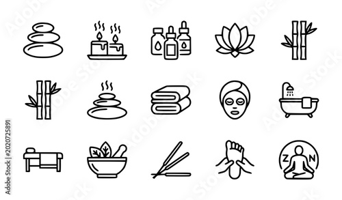 Canvas Print Comprehensive Spa and Wellness Line Icon Set Featuring Zen Stones, Massage Thera