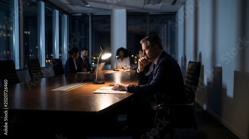 Late Night Corporate Meeting in Dark Conference Room