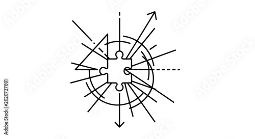 Abstract Puzzle Piece Icon with Geometric Lines and Arrows