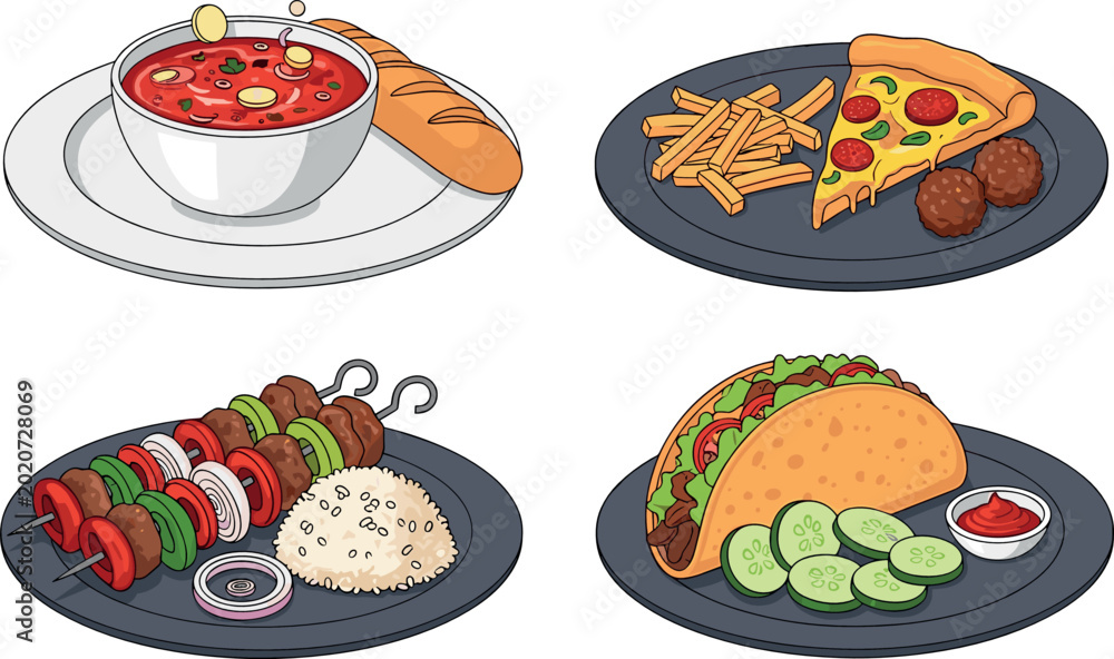 Αυτοκόλλητο Colorful cartoon food plate set featuring tomato soup with bread, pizza with fri