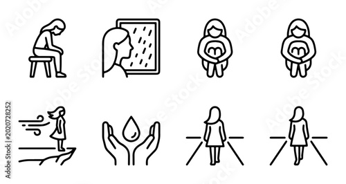 Cuadro en lienzo Sad Woman Icons, Depression Symbols, Loneliness Vector Graphics, Emotional State