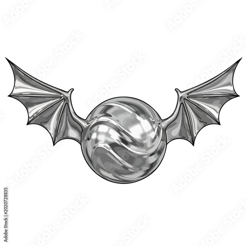 Metallic orb with bat wings on white background