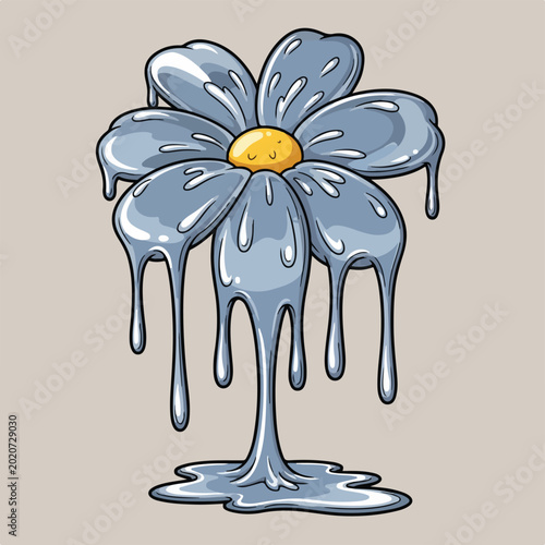 Melting flower with yellow center and blue petals on beige background