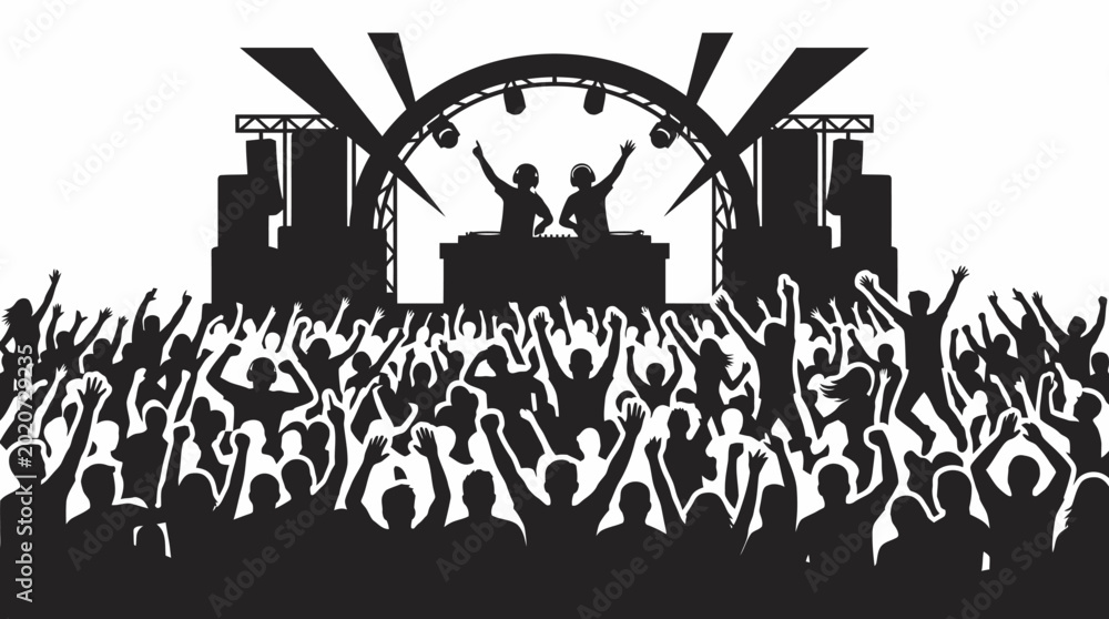 Obraz premium DJs performing on stage for cheering crowd silhouette