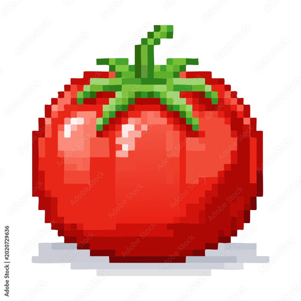 Fototapeta premium Ripe red tomato pixel art for farming simulator games and healthy cooking ingredient icons in classic retro digital style