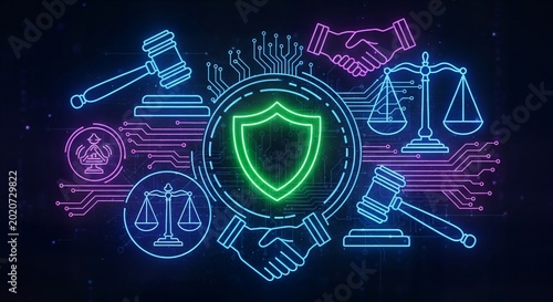 Digital Law Concept with Gavel Scales and Shield in Neon Glow on Circuit Board Background