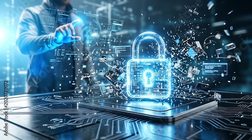 Cybersecurity concept with digital padlock and circuit board technology