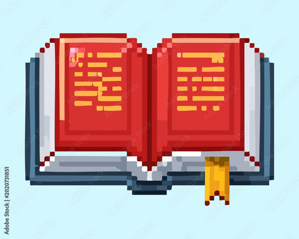 Φωτογραφία Open red lore book pixel art for historical knowledge and quest log interface ic