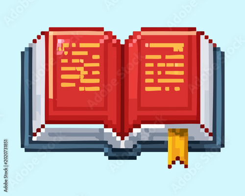 Tableau sur toile Open red lore book pixel art for historical knowledge and quest log interface ic