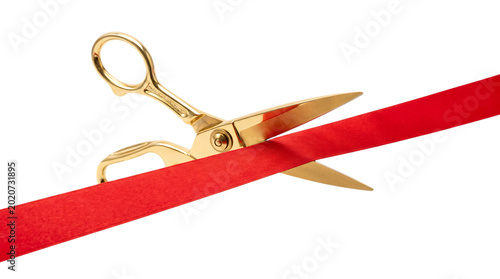 Golden Scissors Cutting Red Ribbon Isolated on Transparent Background