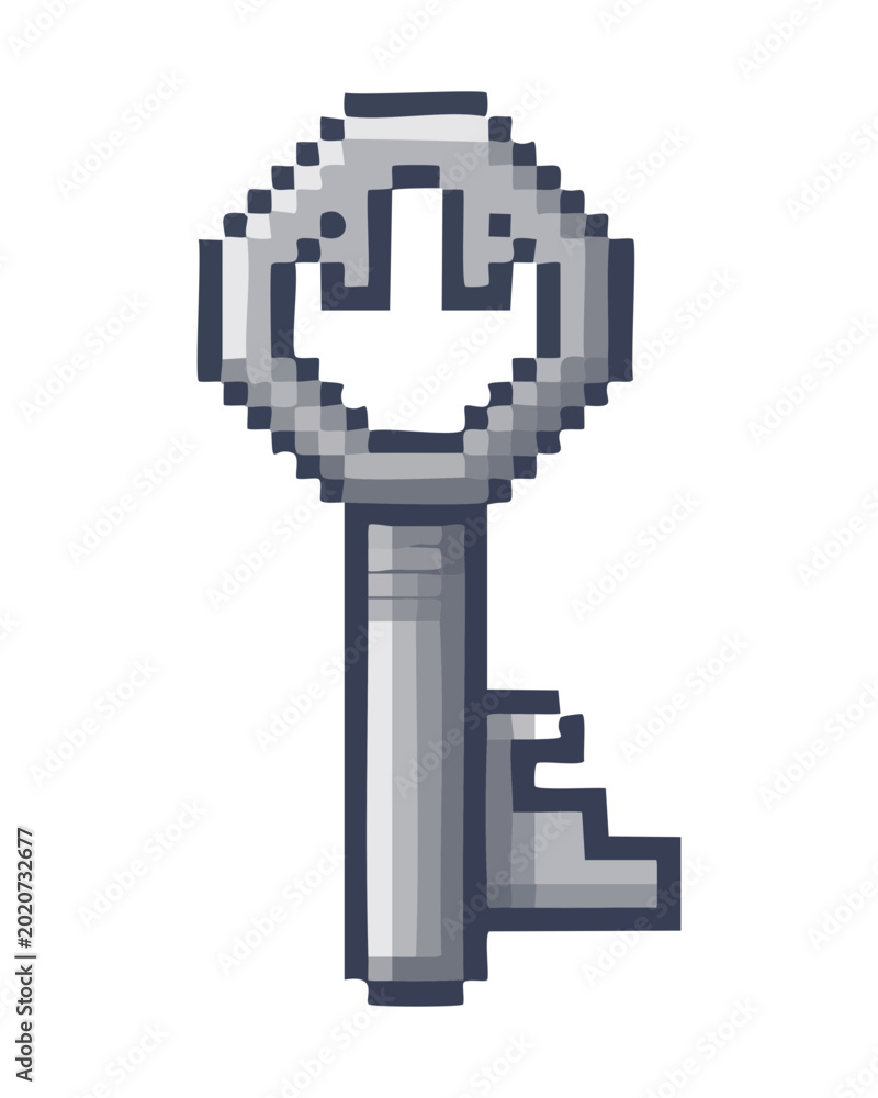 Fototapeta premium Simple silver metal key pixel icon for basic game interaction design and classic dungeon exploration inventory asset for retro video game projects
