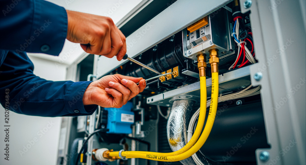 © PETROSYAN ARAM - Technician repairing an industrial HVAC system with tools. Professional mechanic performing maintenance on electrical and cooling components. Maintenance service concept for HVAC repair marketing.