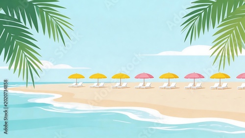 Beach with umbrellas and lounge chairs
