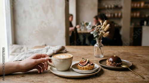 Cozy Coffee and Pastry on Wooden Cafe Table with Copy Space, Relaxing Cafe Lifestyle Concept