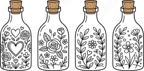 Fotografie Floral bottle coloring page vector illustration with decorative flowers, hearts,