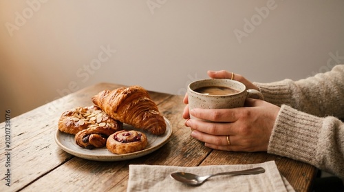 Cozy Breakfast with Coffee and Fresh Pastries on Rustic Wooden Table, Warm Morning Lifestyle Scene