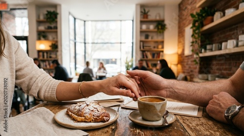 Couple Sharing Coffee Moment in Cozy Cafe with Pastry, Warm Relationship Lifestyle Concept