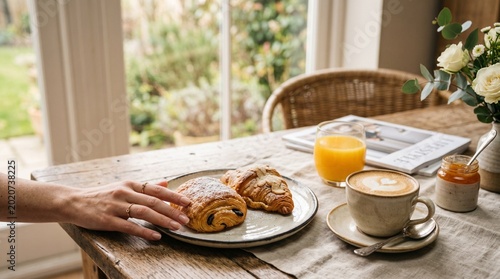 Morning Coffee and Croissant Breakfast on Table with Hand Reaching for Pastry, Cozy Lifestyle Concept