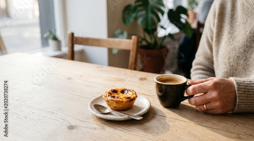 Hand Holding Coffee Cup with Pastry on Wooden Table in Cozy Cafe, Morning Lifestyle Concept with Copy Space