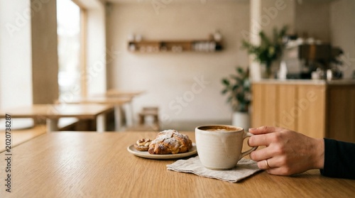 Coffee Cup and Croissant on Wooden Table in Cozy Cafe with Copy Space, Relaxing Morning Coffee Concept