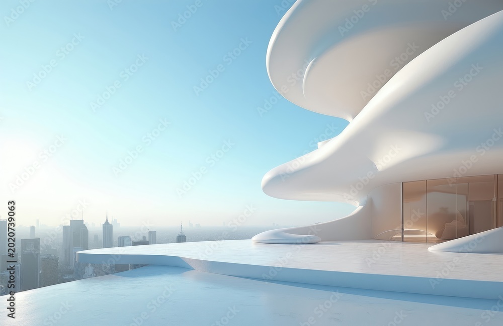 Fototapeta premium Modern white building with curved forms sits high above city skyline under clear blue sky. Sleek architecture offers open terrace space with panoramic urban view. Future design concept.